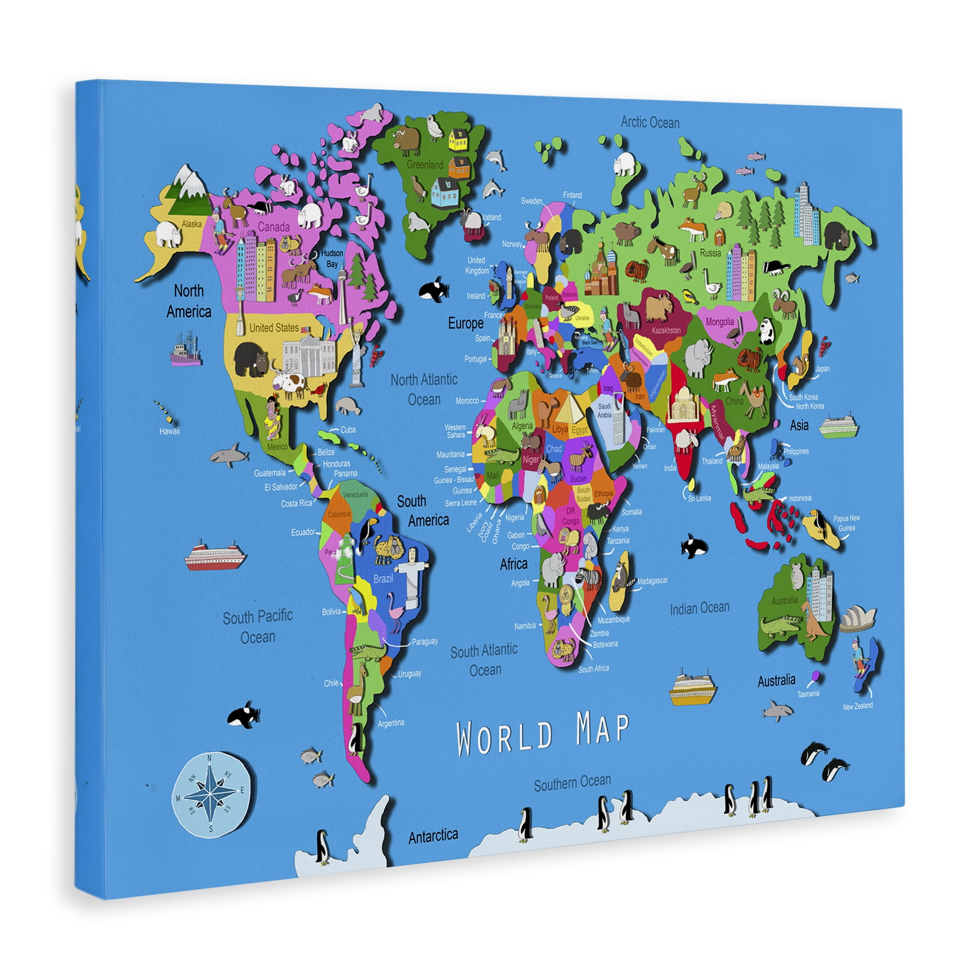 Stupell Industries Educational World Map Town & City Painting Gallery Wrapped Canvas Art Print Wall Art, 20 x 16