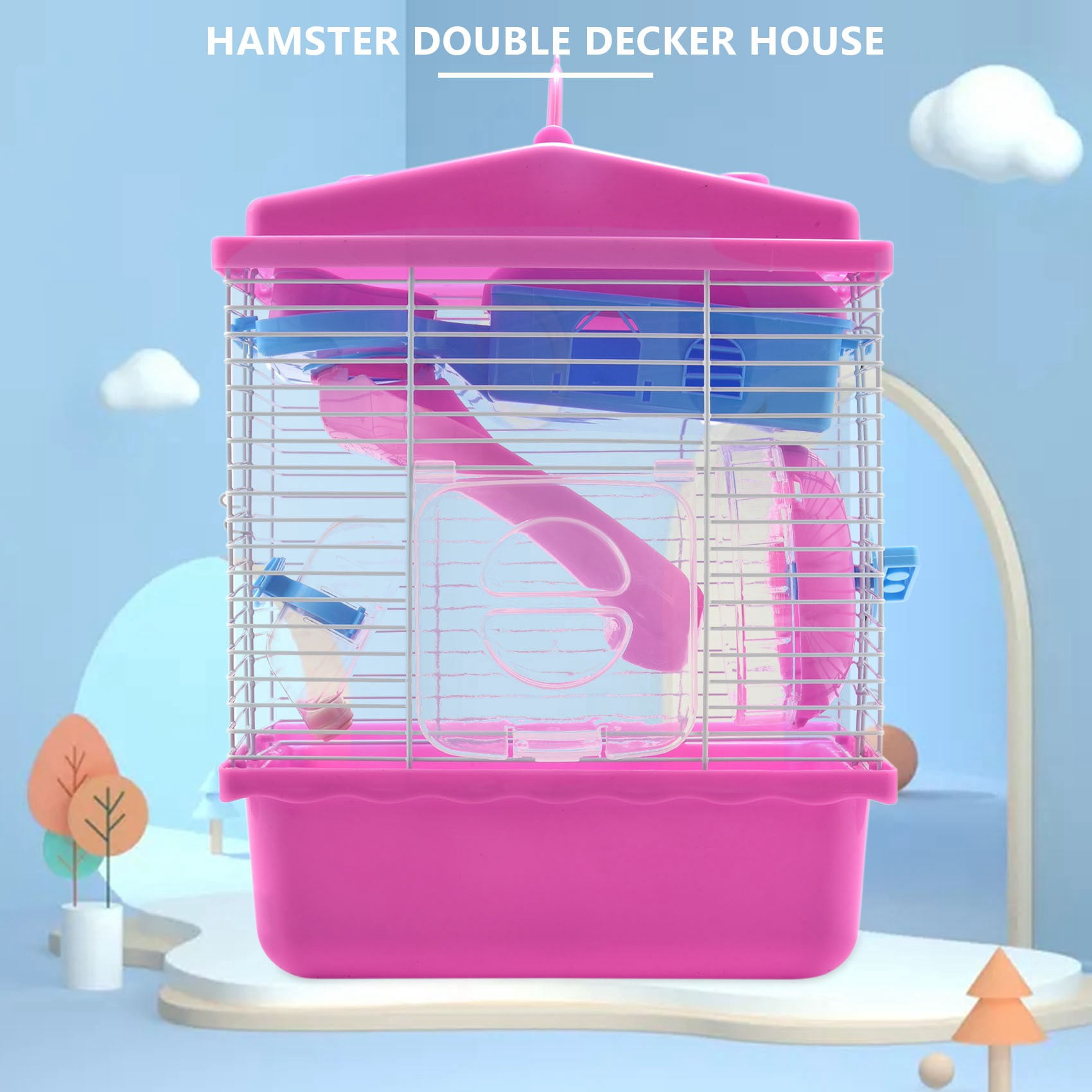 Pet Cage Hamster Cottage with Transparent Skylight Double Layer House for Golden Pink
