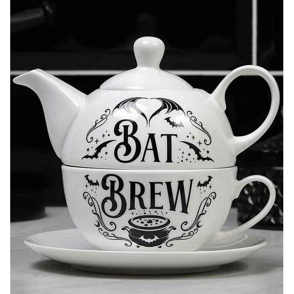 Porcelain Bat Brew Magic Cauldron Stackable Tea Pot And Cup With Saucer Set Of 3
