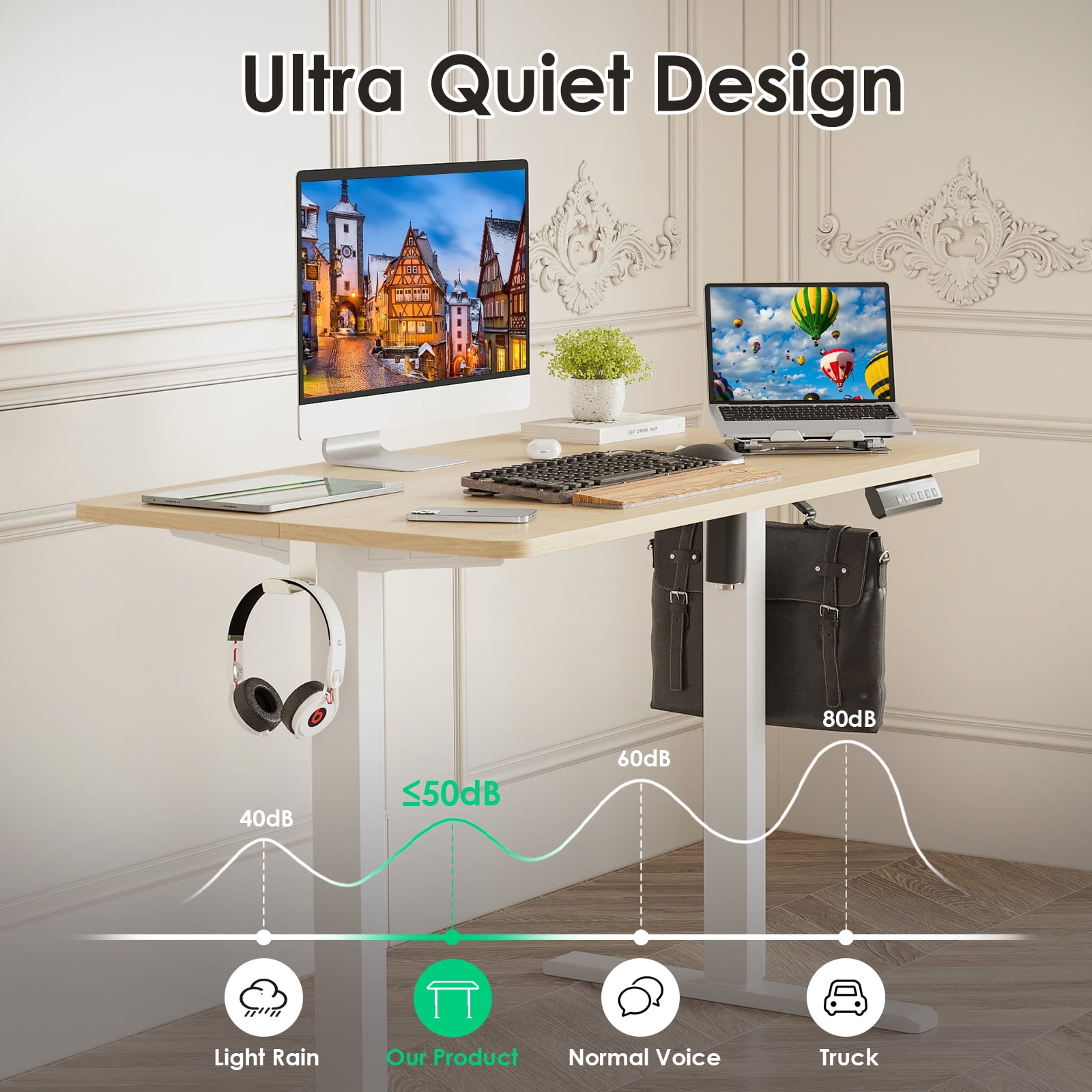 Farini Adjustable Standing Desk for Home Office, 40"x24" Electric Sit-Stand Desk with Splice Board, Nature
