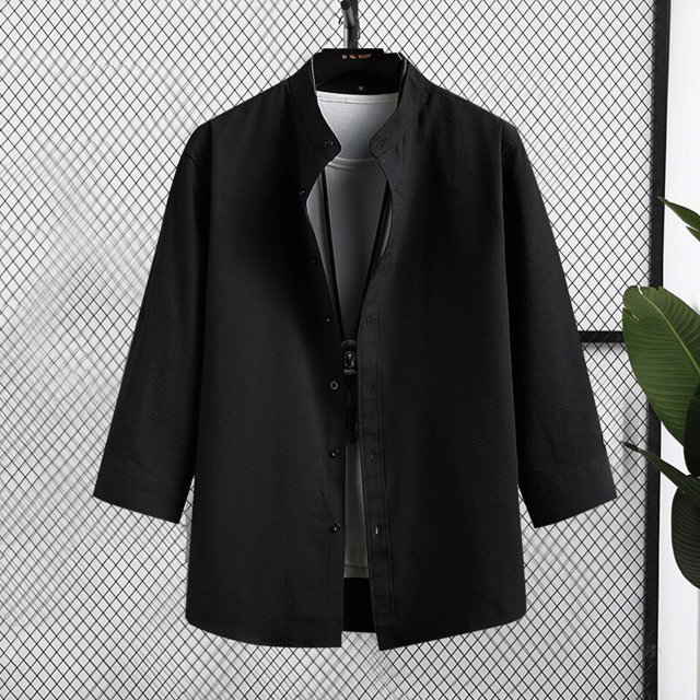 Blusa y camisa de manga corta con cuello alto para hombre, informal, de color liso, con botones y bolsillo, de poliéster.