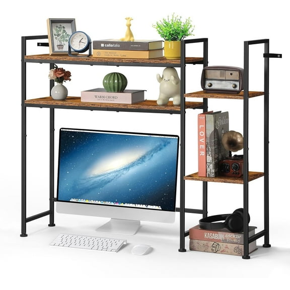 Desktop Bookshelf, Desk Hutch Dorm, 4 Tier Desk Organizer Shelf Wood Over Computer Desk Shelves Multipurpose Desk Top Storage Display Rack for Home Office, Rustic Brown
