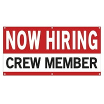 Now Hiring Crew Member 13 oz Heavy Duty Vinyl Banner Crew Member Jobs Available Help Wanted Sign for Business Advertising Indoor/Outdoor Single-Sided with Metal Grommets (1.5x5 ft, Wh & Re & Bk)