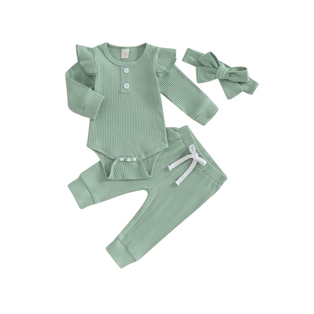 xiaxaixu Infant Baby Girl Fall Outfit Solid Color Ribbed Long Sleeve Romper Long Pants Bow Headband 3Pcs Set