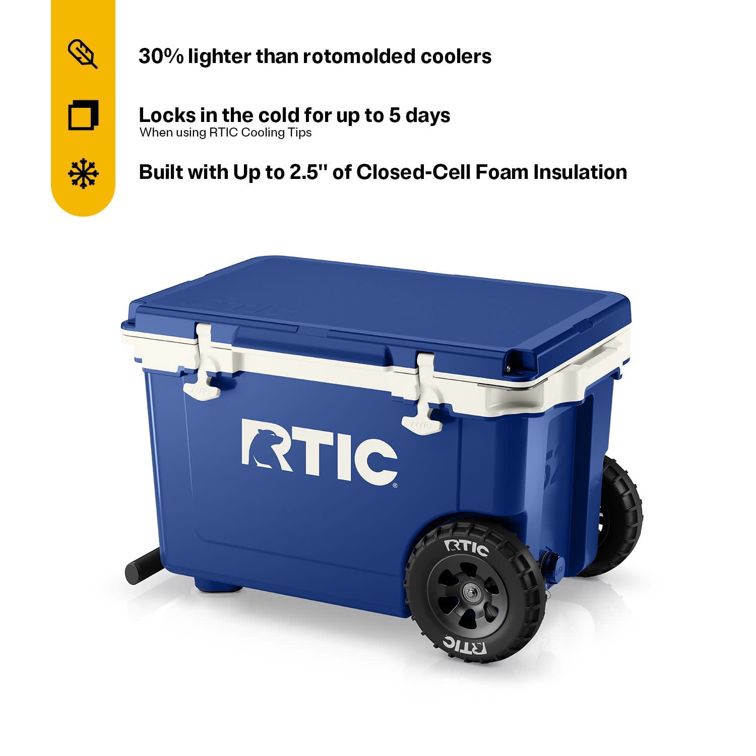 RTIC 52 QT Wheeled Hard-Sided Ice Chest Cooler, Ultra-Light, Fits 76 Cans, Cobalt & White