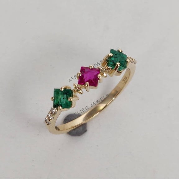 14K Gold Natural Ruby Emerald Diamond Ring: Multi stone Gemstone Jewelry