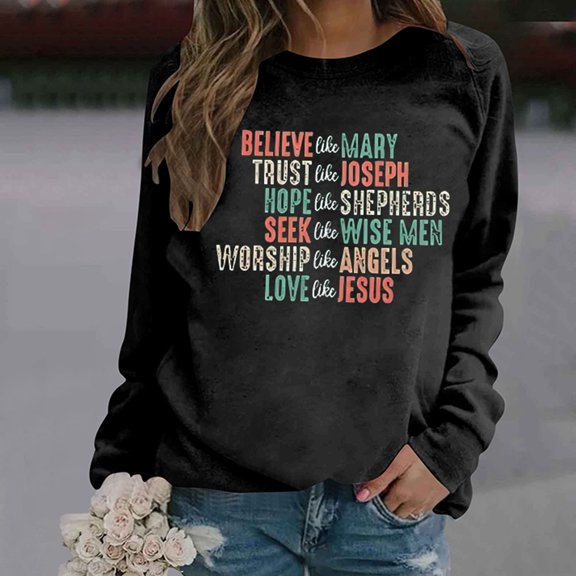 Christmas Print Fashion Casual Solid Color Loose Lady Long Sleeve Letter Print Round Neck Hoodie Polyester Breathable Skin-friendly Suitable for Casual Daily Going out Holiday Party Club Wear