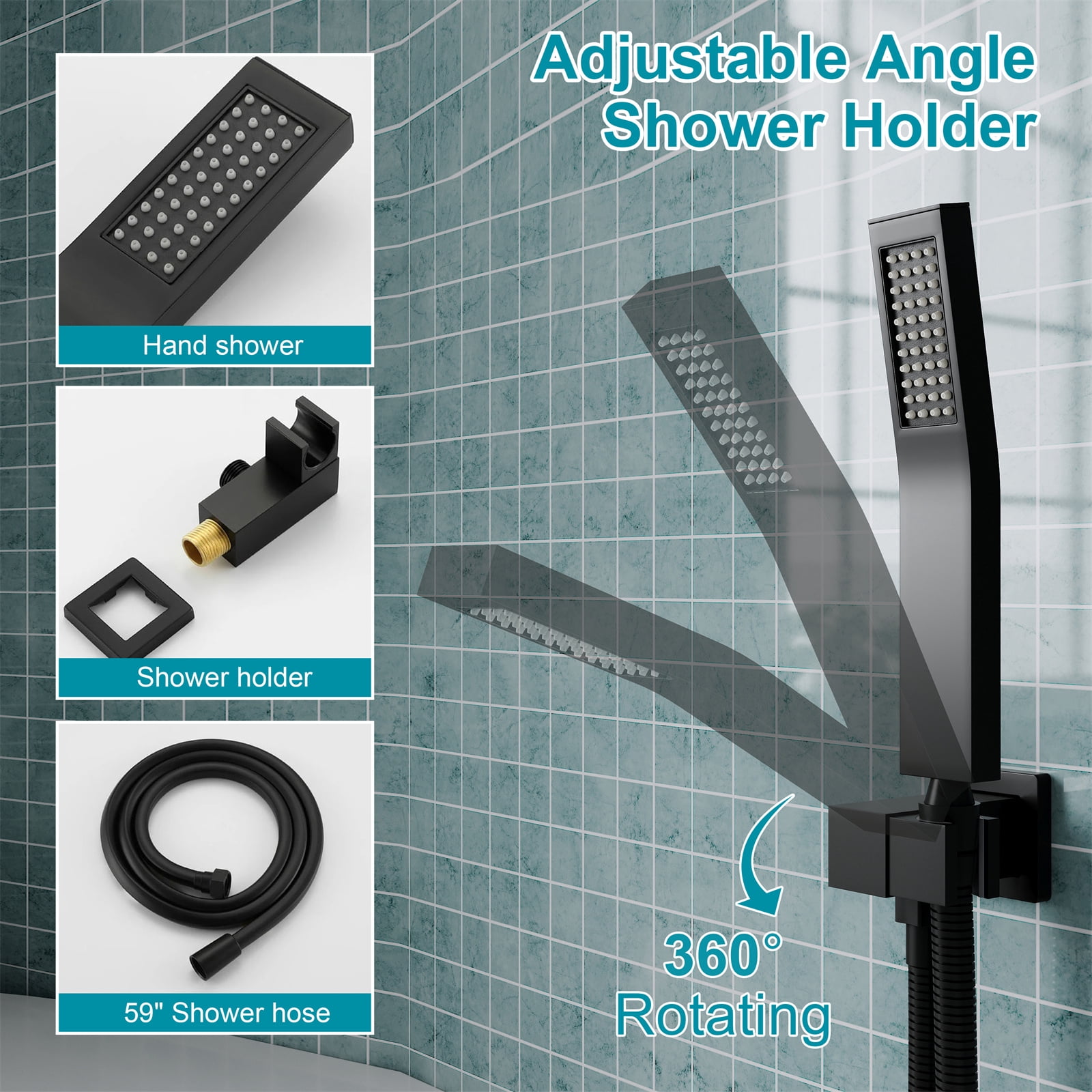 ANGELES HOME Wall Mount Tub Faucet with Waterfall Tub Spout, Bathtub Faucet with Handheld Shower, Single Handle Tub Filler Shower Faucet Set, Matte Black