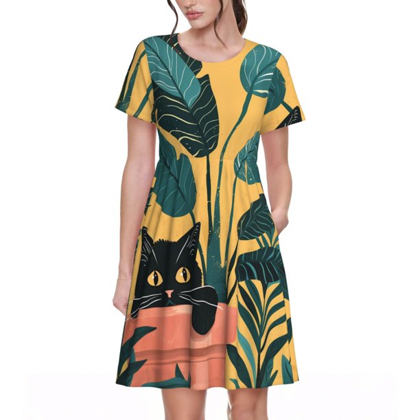 Balery Cat Hiding In Potted Plants Vestidos sueltos de manga corta para mujer, vestidos de verano 2025, vestidos casuales de corte A con vuelo.