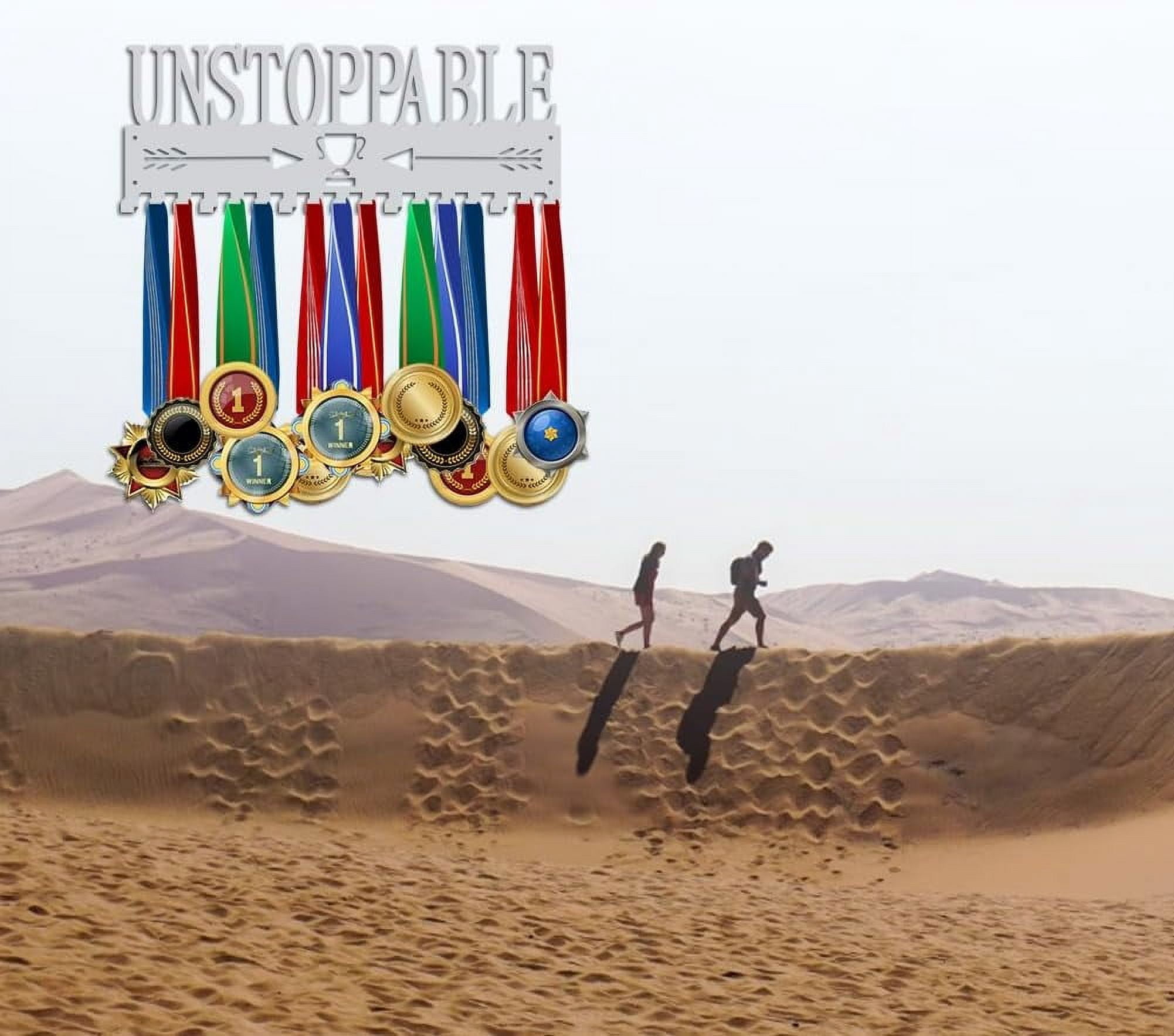 Unstoppable Medal Holder Silver Medals Display Frame 17 Hooks Medals Display Metal Medal Rack Holder Sport Awards Ribbon Holder Wall Mount Award Rack DIY