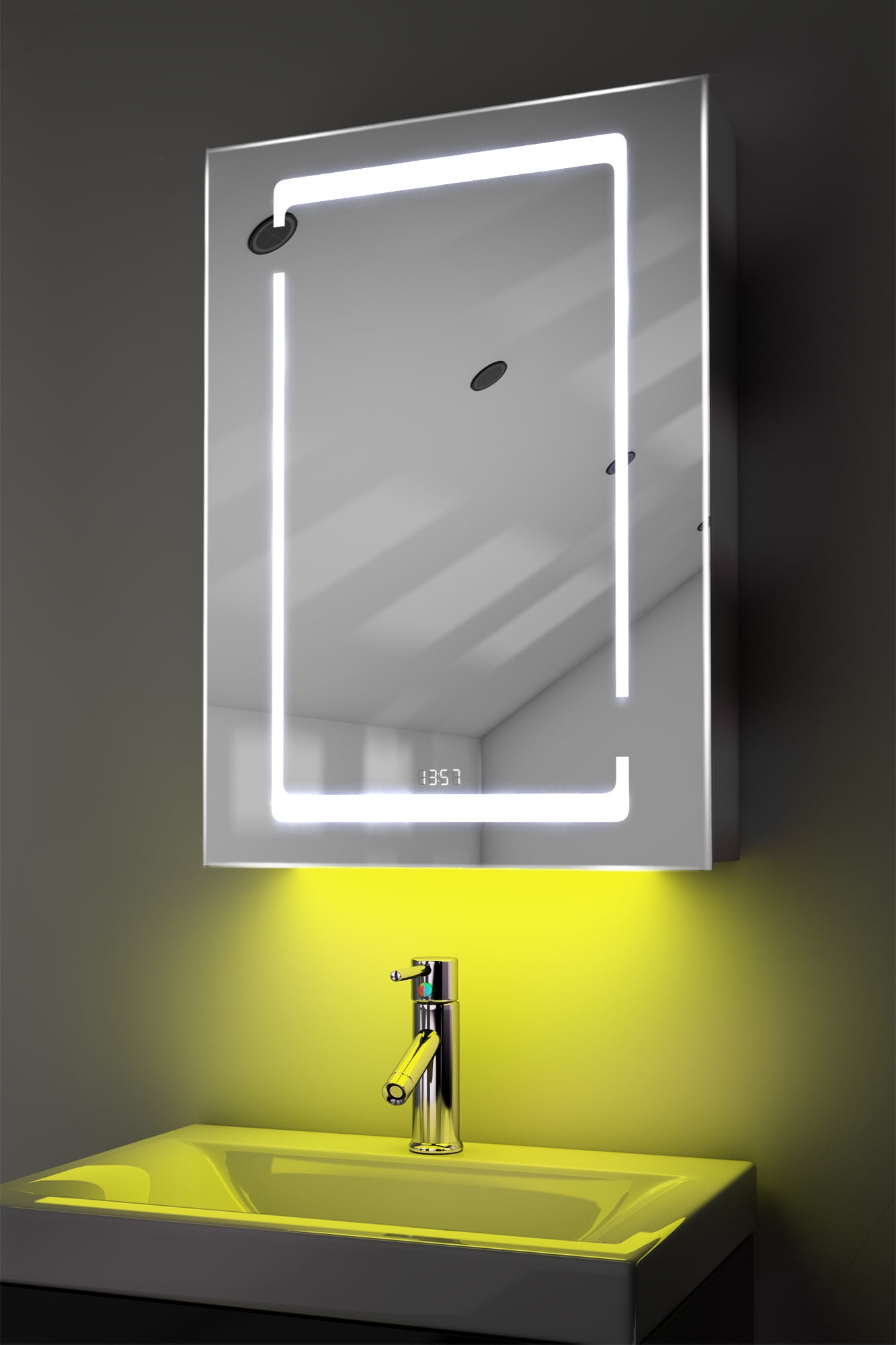 Clock Bathroom Mirror With LED Under Lighting, Demister, Sensor