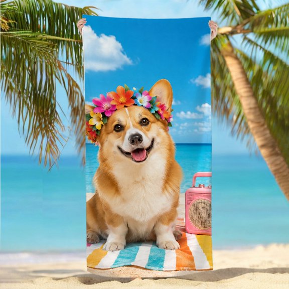 RKSupls Corgi Beach Flower Crown Radio Quickly Absorb Moisture Beach Towel, Machine Washable Ultra-Soft Microfiber Ideal for Bathroom beach yoga