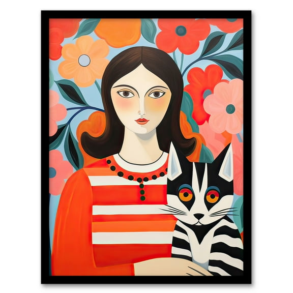 Cat Woman Henri Matisse Style Floral Portrait Art Print Framed Poster Wall Decor 12x16 inch