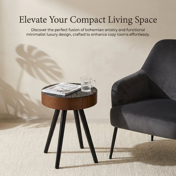 Round Side Table, 15.7 in Modern Accent End Table with Textured Wood Top, Walnut Brown Band and Black Legs for Living Room Bedroom