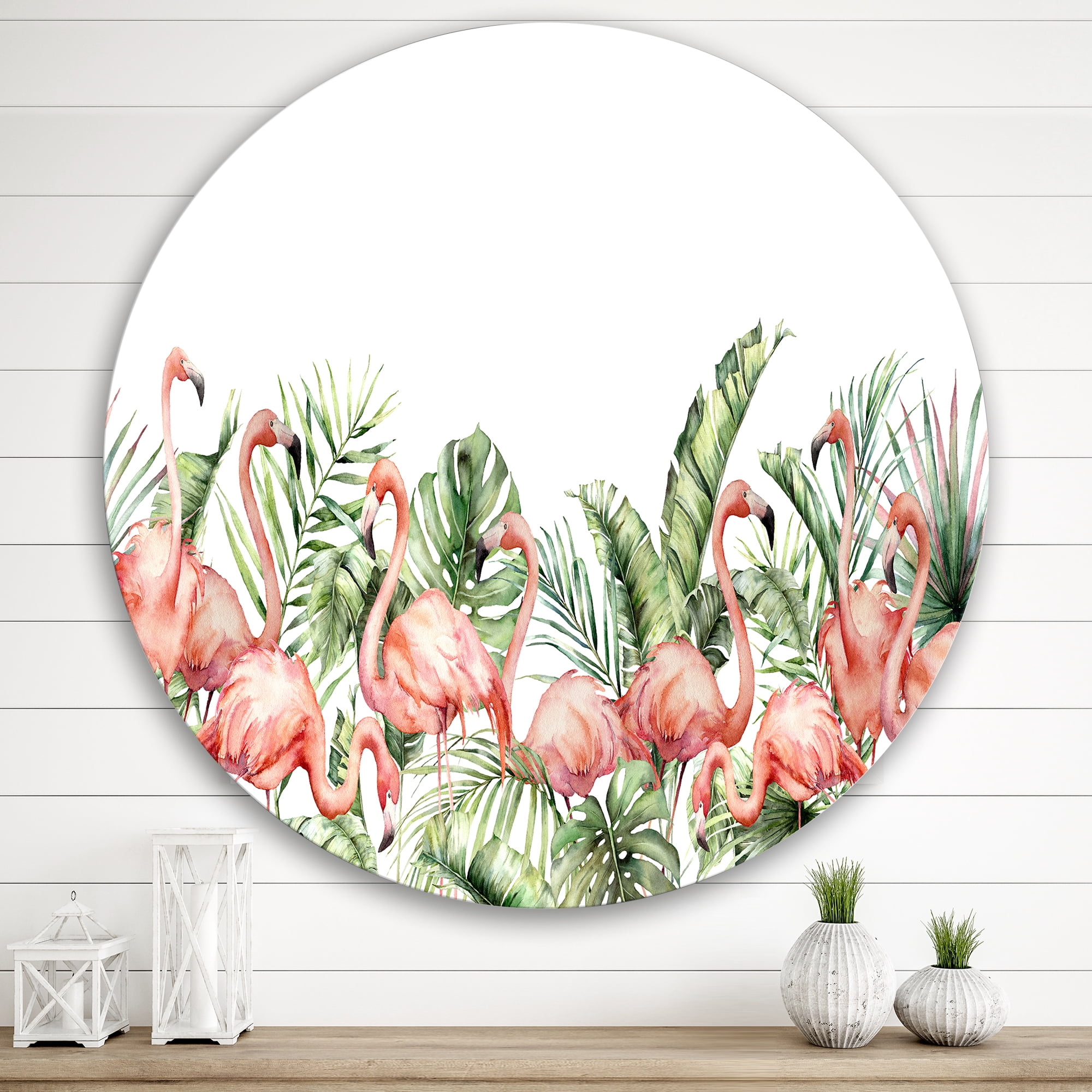 Designart 'Palm Leaves and Pink Flamingos Tropical Birds' Traditional Circle Metal Wall Art 36x36 - Disc of 36