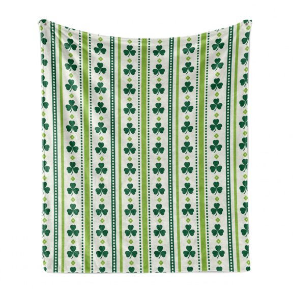 Floral Soft Flannel Fleece Throw Blanket, Clovers Vertical Lines and Dots Irish Traditional Floral Pattern, Cozy Plush for Indoor and Outdoor Use, 50" x 70", Lime Green Dark Green, by Ambesonne