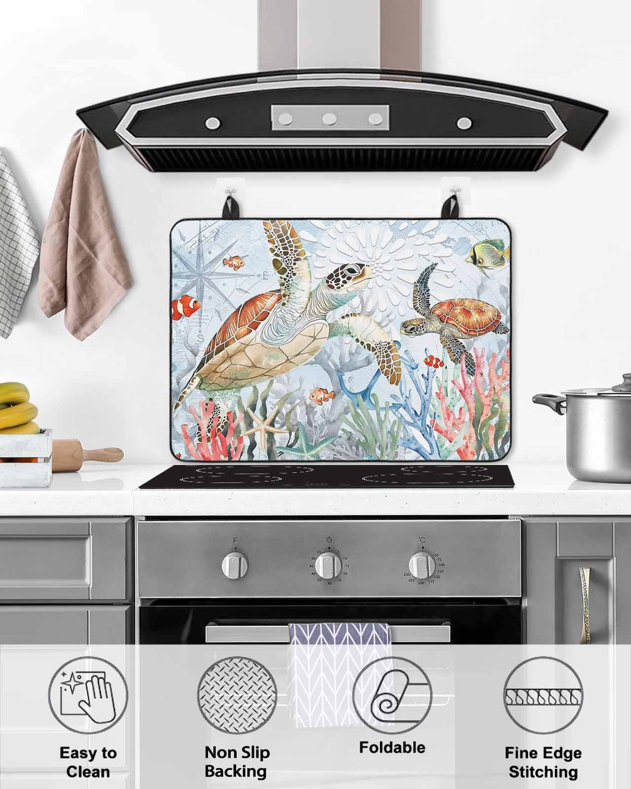 nqOlkjepod Large Induction Cooktop Protector Mat 24"x21", Brown Sea Turtle Coastal Stove Top Covers for Electric Stove, Vintage Summer Beach Coral Starfish Stove Burner Cover Mats Stove Cover