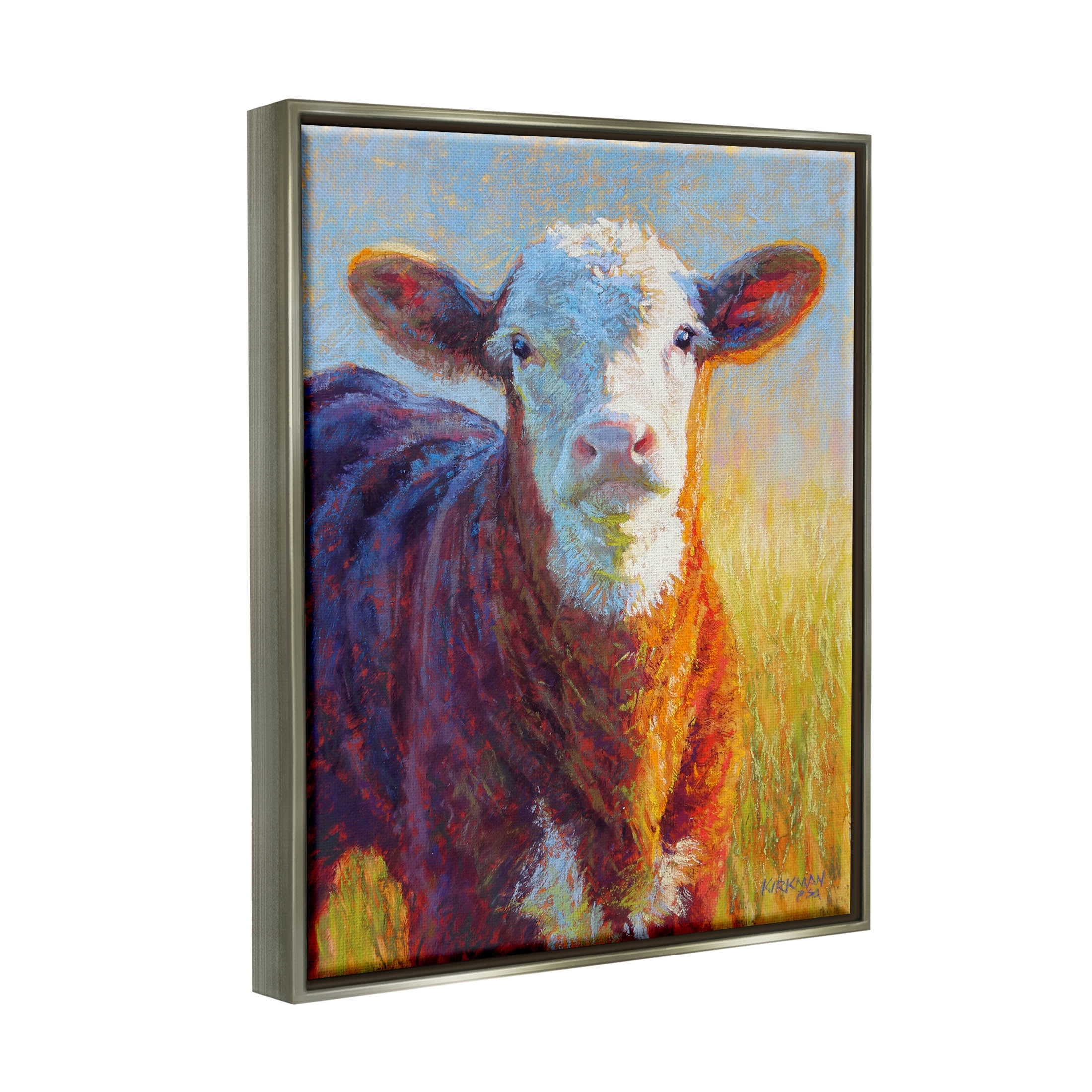 Happy Cow Farmhouse Grassland Animals & Insects Painting Luster Gray Framed Art Print Wall Art