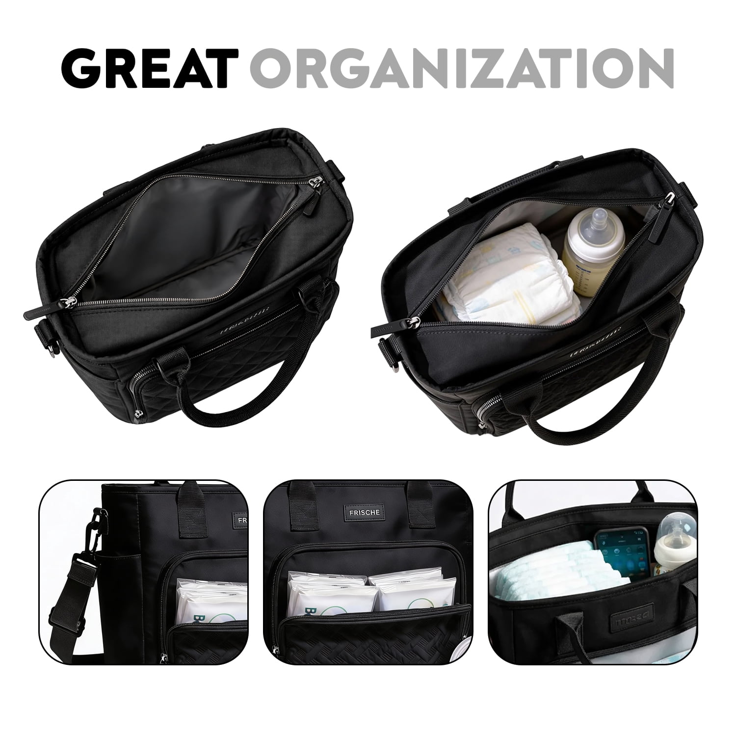 DEFAHN Tote Diaper Bag for Mom - 0.9lb Lightweight Large Capacity Thermal Baby Bag, 2 Thermal Pockets + Side Holders, Simple Open Design(Black)