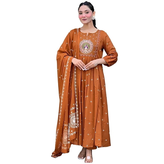 KLOSIA Women Embroidery Solid Anarkali Kurta and Pant Set with Dupatta - Indian Ethnic Traditional Wear Anarkali Kurta Set