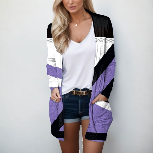 Cárdigan holgado de manga larga para mujer, chaqueta con bolsillos, estampado gráfico, bloque de Color, abierto en la parte delantera, primavera y otoño