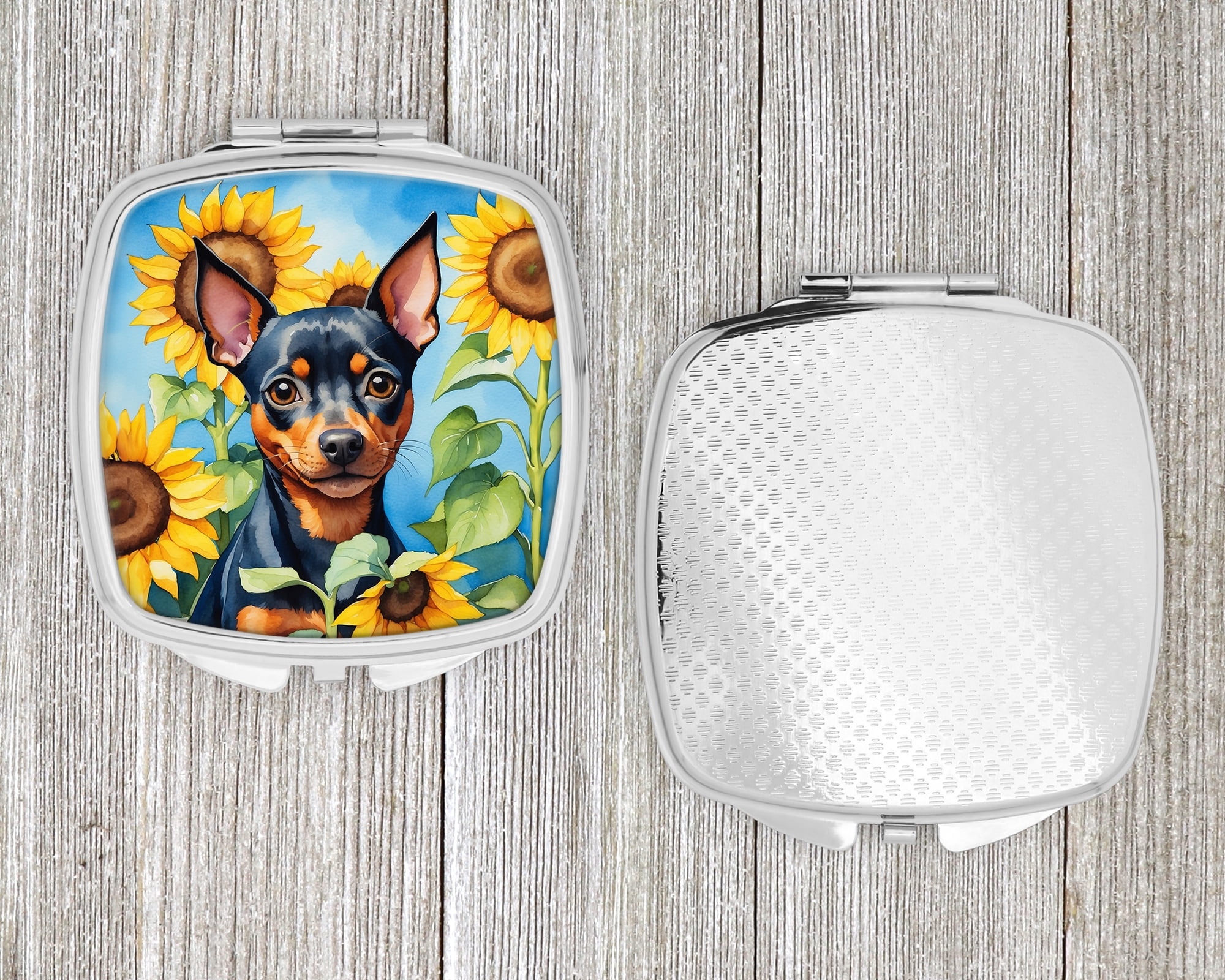 Miniature Pinscher in Sunflowers Compact Mirror 2.75 in x 3 in