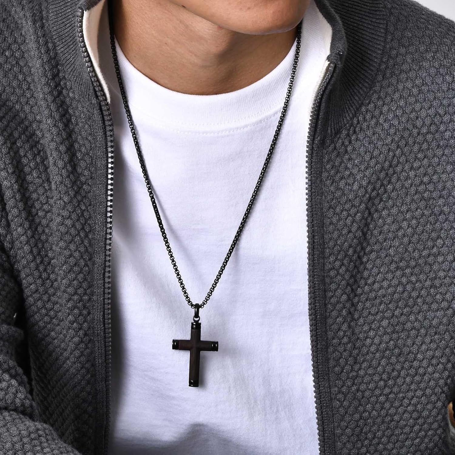 Wooden Cross Necklace for Men-Hawaiian Real Handmade Ebony Wood Cross Pendant Necklace Stainless Steel Chain, Mens Brown Cross Necklaces Koa Wood Jewelry Christian Baptism Crucifix Pendant for Men