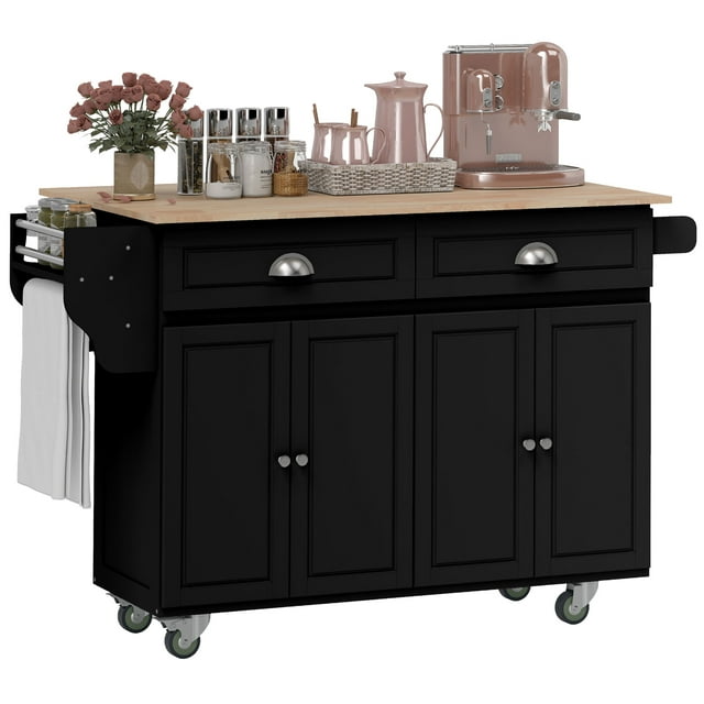 HOMCOM Kitchen Island with Storage, Kitchen Island with Drop Leaf, Black