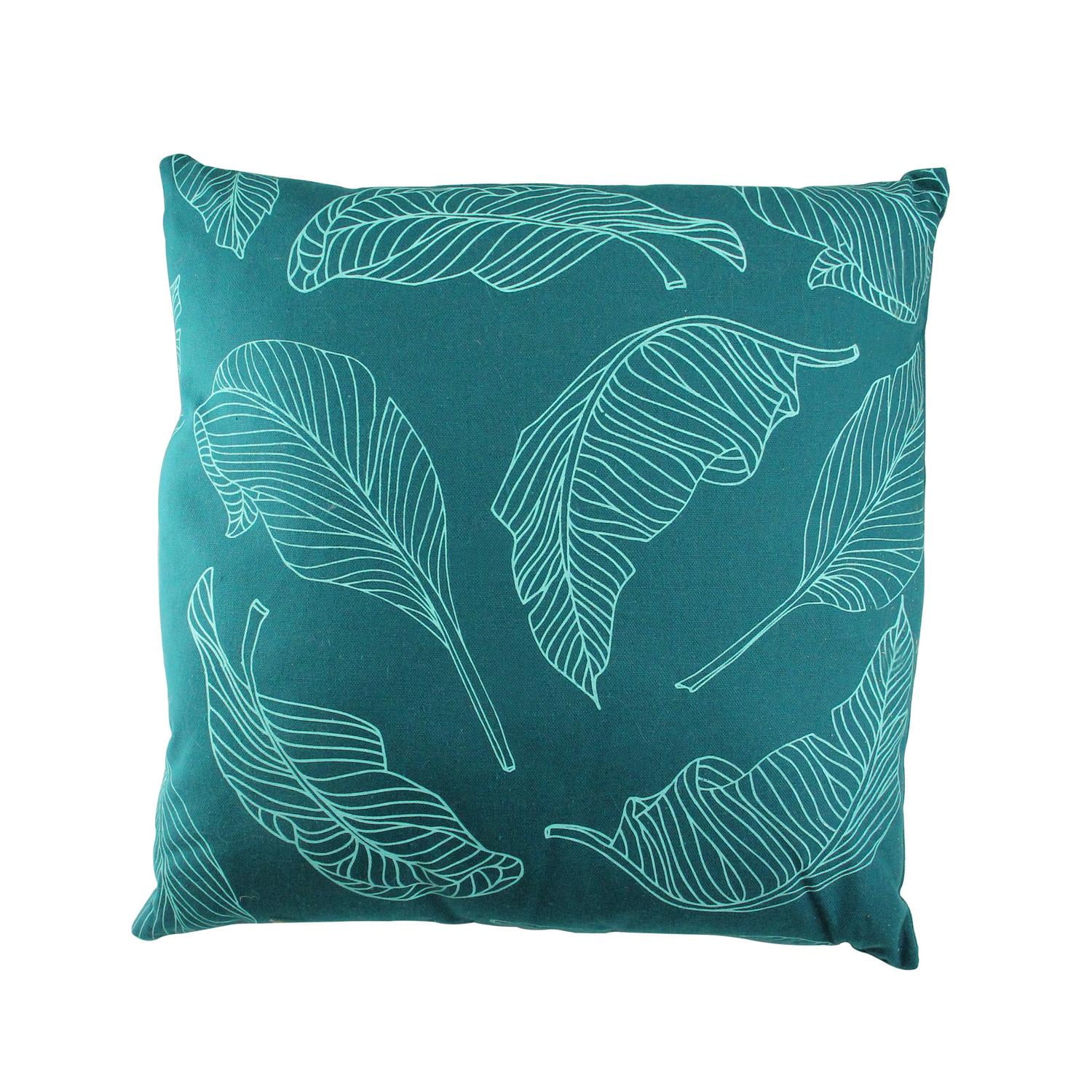 17" Teal Green Tropical Leaf Decorative Cotton Canvas Throw Pillow