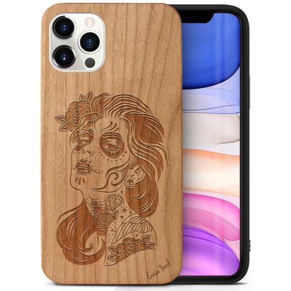 Case Yard Wooden Case Outside Soft TPU Silicone Slim Fit Shockproof Wood Phone Cover for Girls Boys Men and Women Supports Wireless Charging Sucra Donna Day of Dead Design case for iPhone-12-Pro-Max