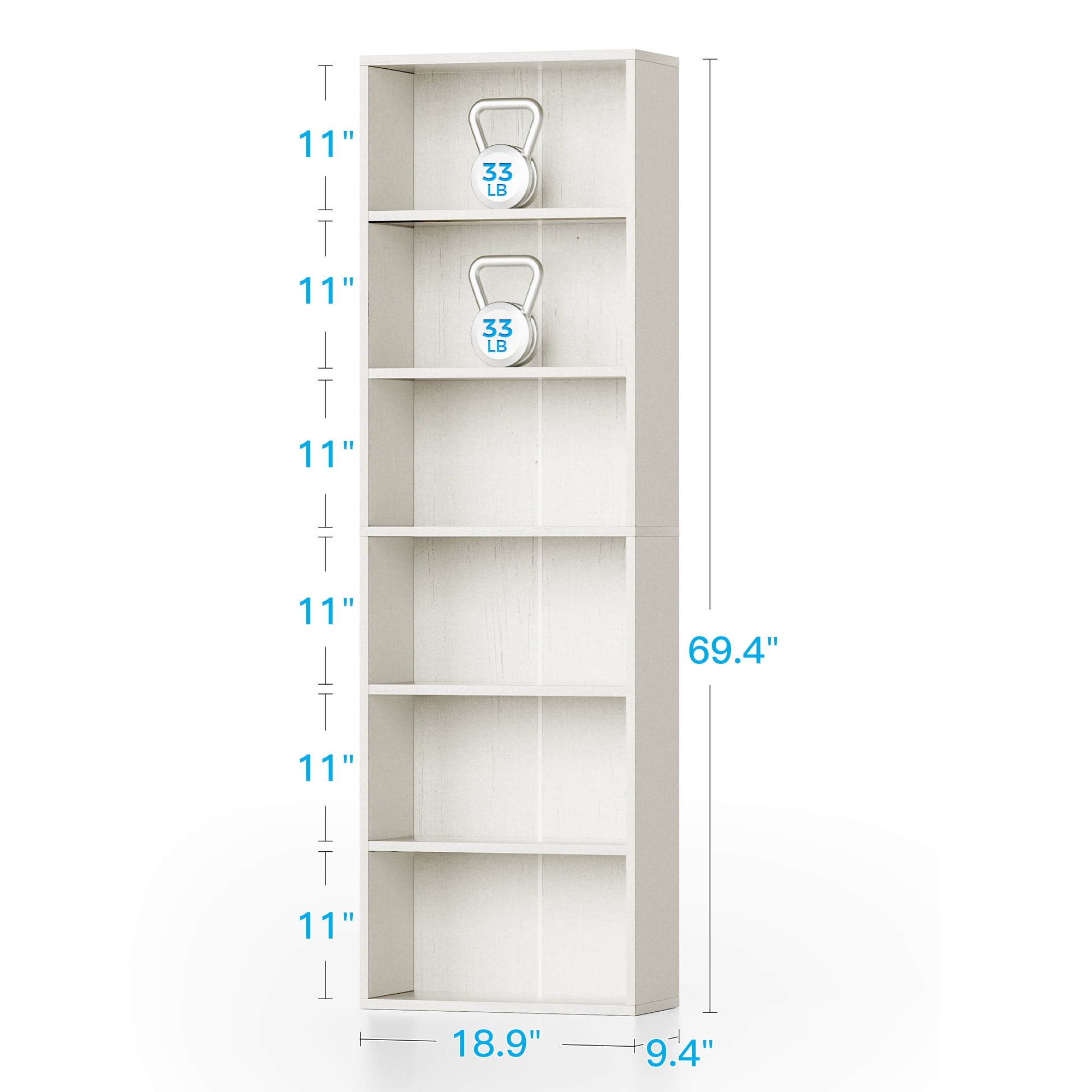 Casacomoda Tall Bookcase, Bookshelf, 6-Tier Display Storage Shelf, Space-Saving Bookshelf for Living Room, Bedroom, Home Office, White