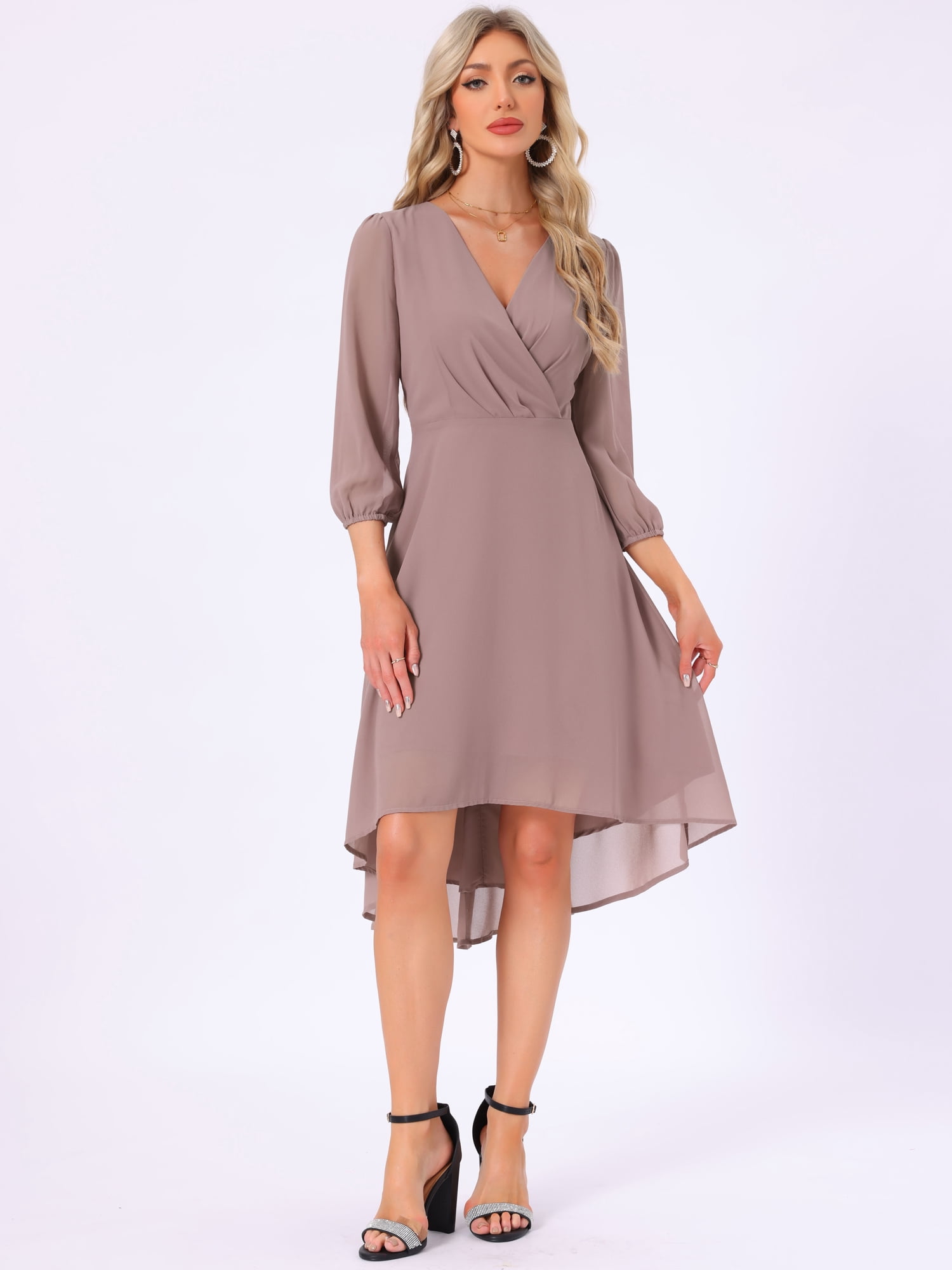 DARING DIVA Chiffon V-Neck Midi Cocktail Dress L Grey Pink