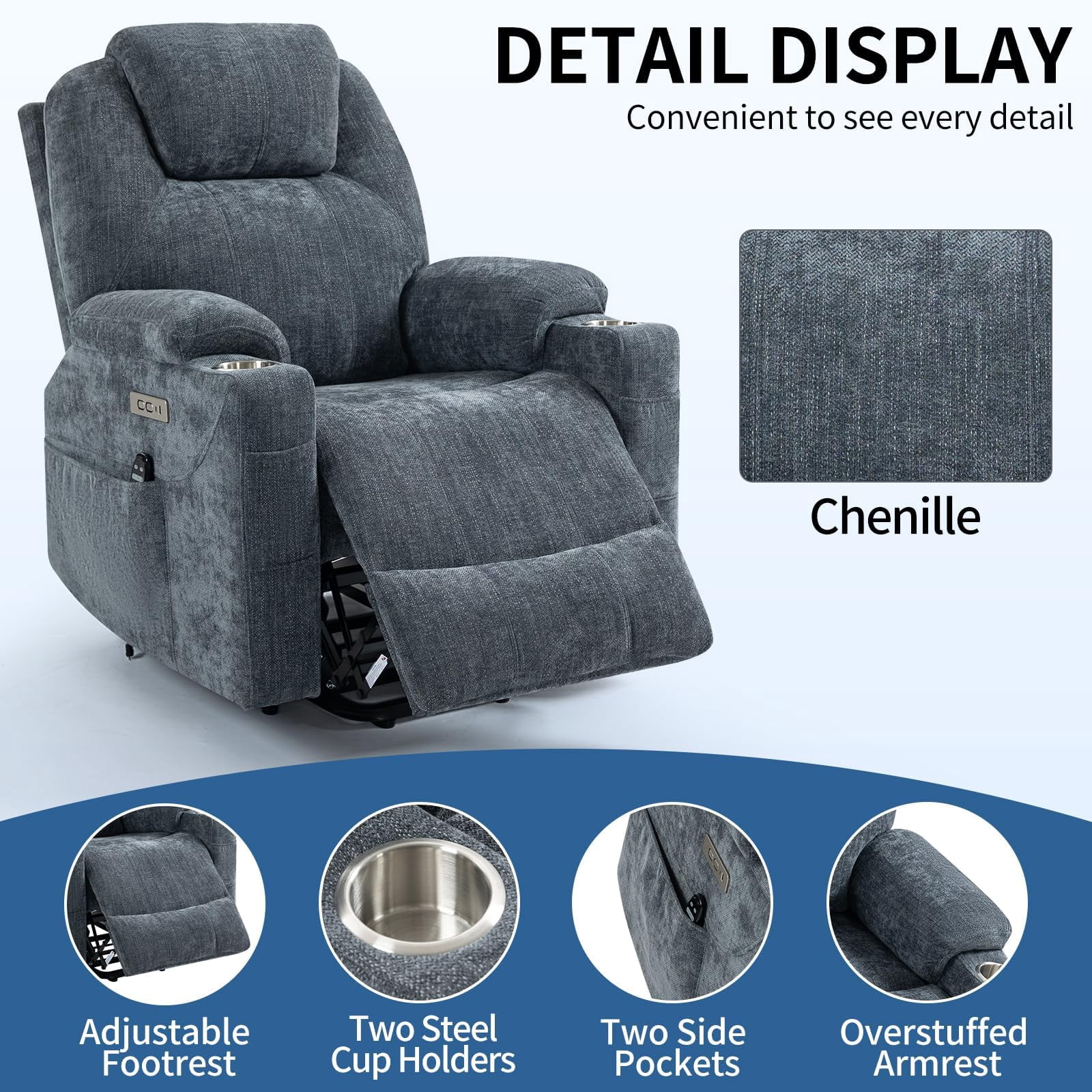 Power Lift Recliner Chair, Electric Lift Recliner for Elderly Reclining Chair with Vibration Massage and Lumbar Heating, Single Sofa with Charging Ports Cup Holders