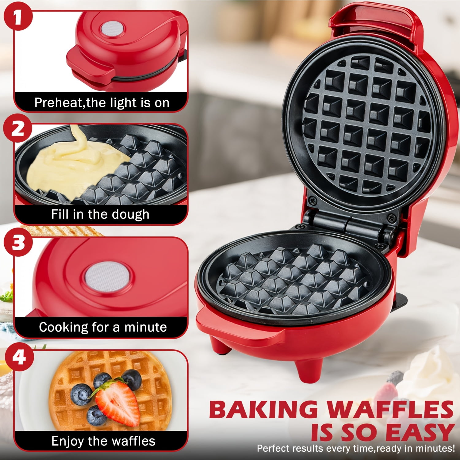 Mini Waffle Maker, 4.5" Non-Stick Griddle, 550W Fast Cooking Under 4 Mins, Perfect for Breakfast Brunch Lunch Snacks, Red