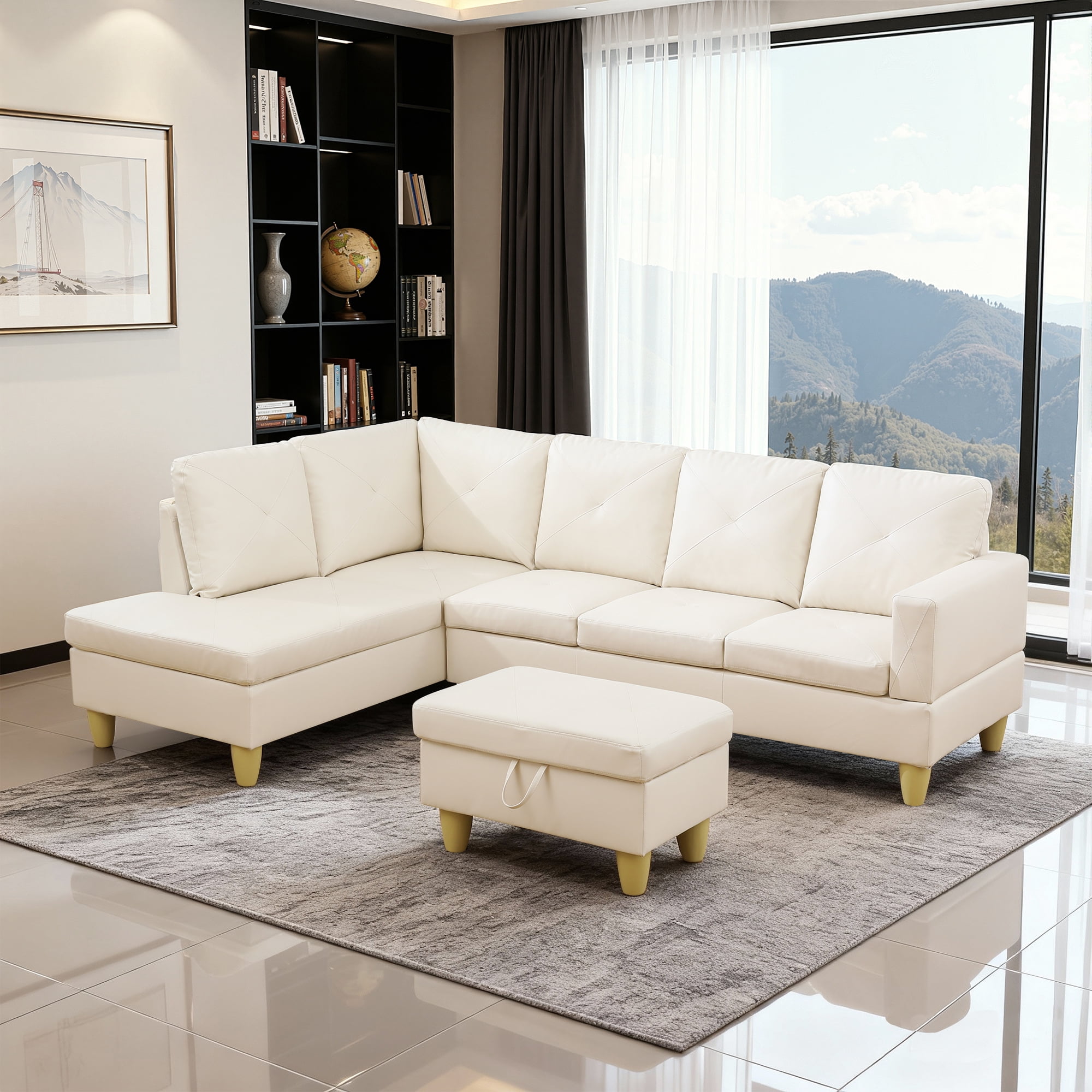MAYEERTY 97" Faux Leather Sectional Sofa, 3-Piece Couch Living Room Sofa Set with Ottoman, White (Left)