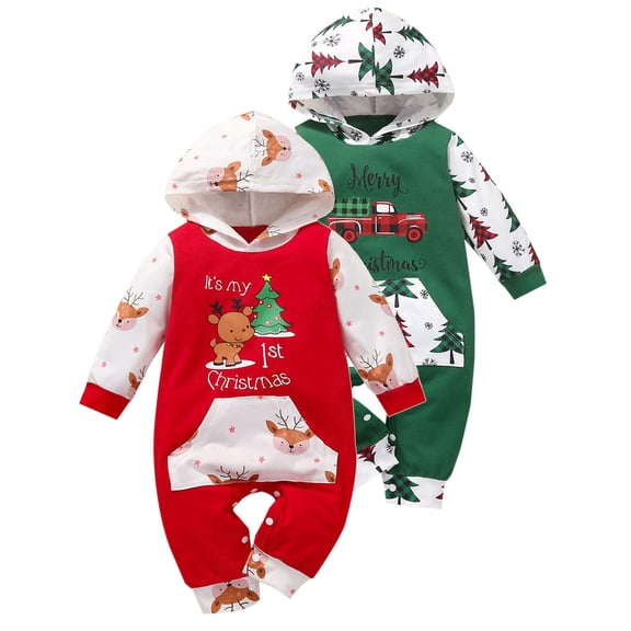 ATAIKU Newborn Baby Girls Boys My 1st Christmas Hooded Romper Infant Toddler Cotton Jumpsuit Xmas Fall Winter Outfits