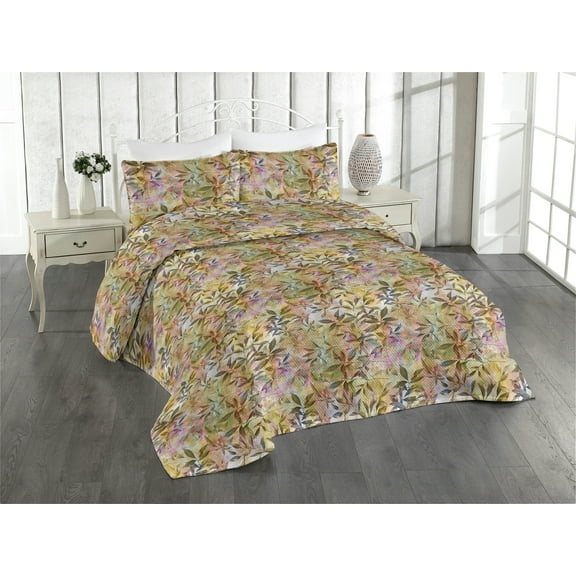 Ambesonne Leaf Print Quilted Bedspread Set 3 Pcs, Colorful Retro Leaves, King, Khaki Pink Fawn