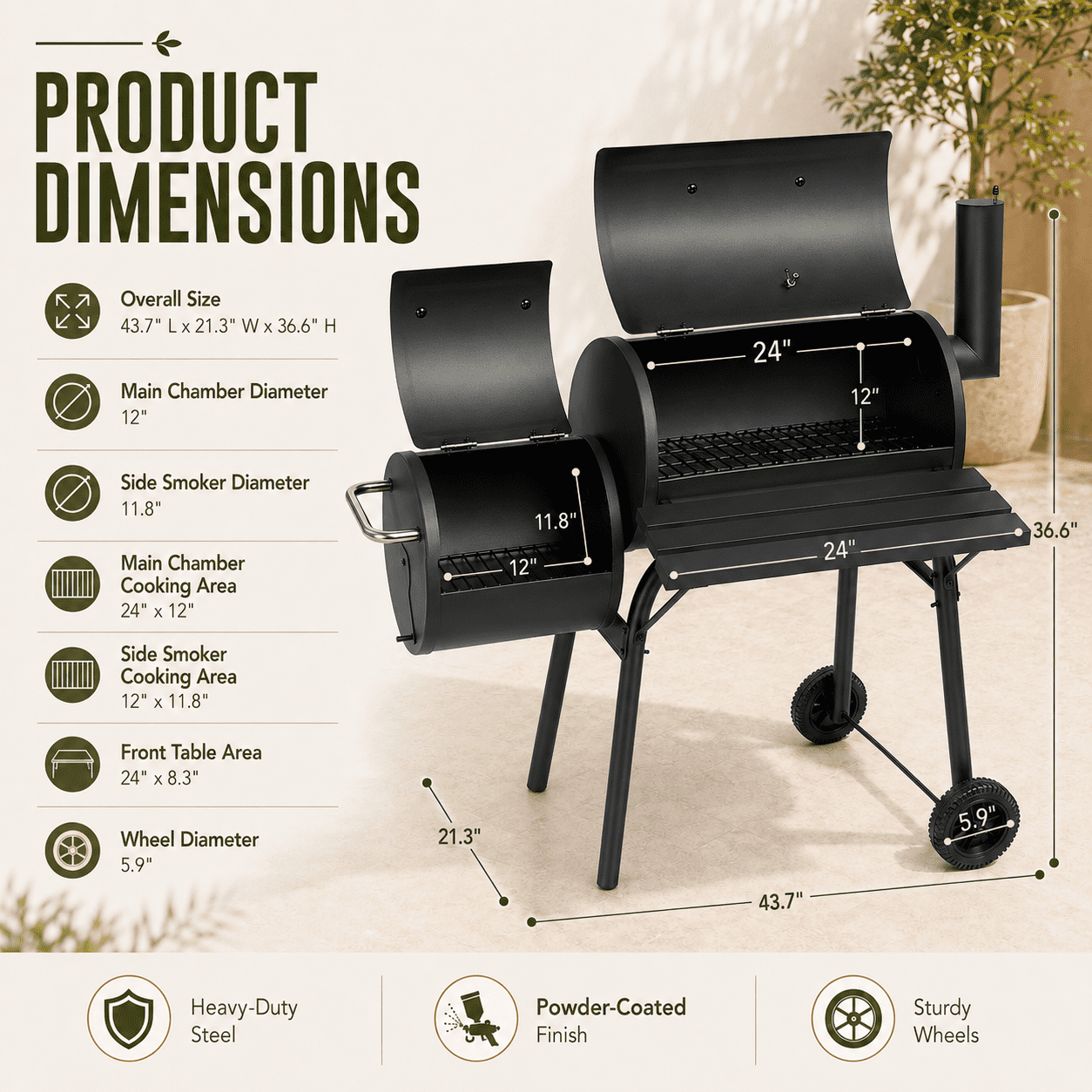 Smoker Grill, Outdoor BBQ Charcoal Grill W/2 Cooking Area, Portable Offset Smoker on Wheels for Patio Backyard Camping