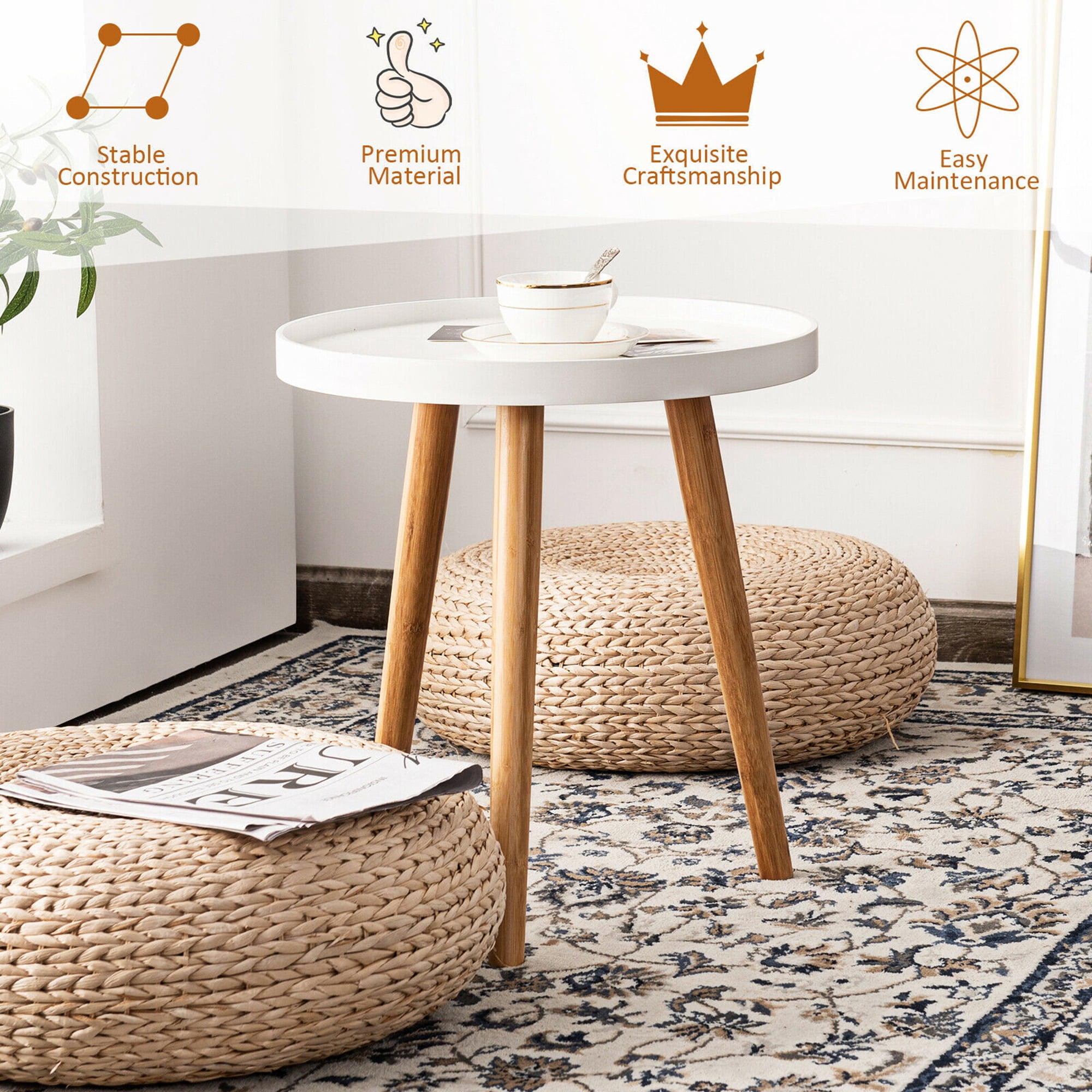 Gymax Wood Round Side Table, White/Brown