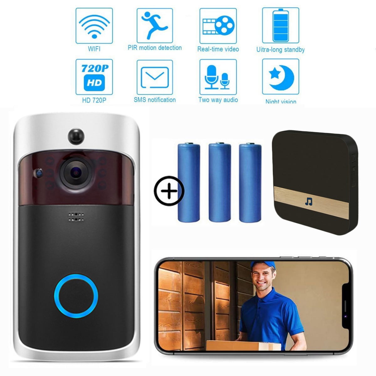 Free Cloud Storage 1080P PIR Motion Detection 2 way Audio Camera Doorbell Video Door Bell Wireless WiFi with Chime For Smart Home Security Camera System Night Vision