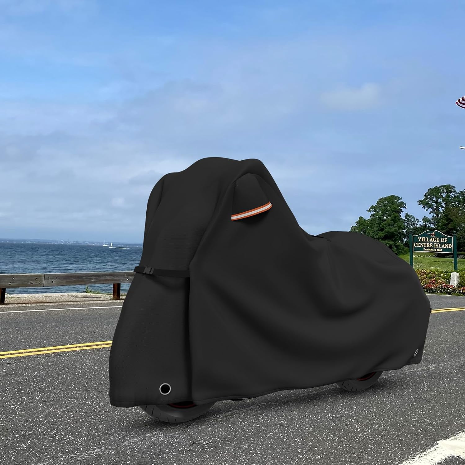 Motorcycle Cover Lock-Holes and Storage Bag All Season Universal Night Reflective Universal Heavy Duty Motorcycle Vehicle Cover-86 L x 41" W x 50" H Black
