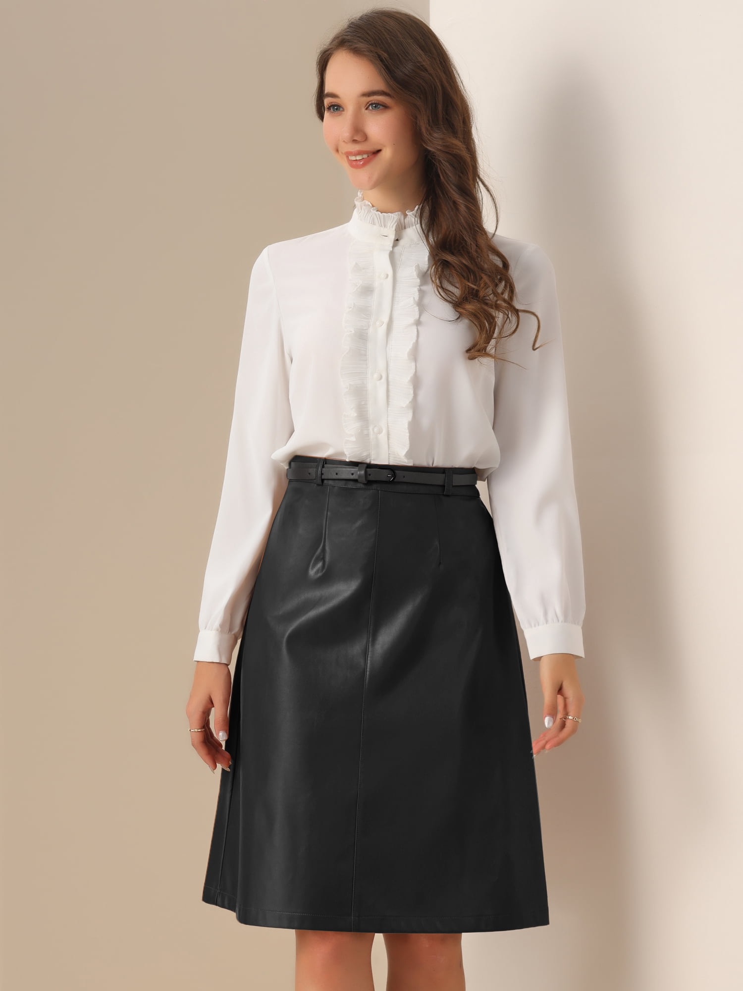 DARING DIVA Women A-Line High Waist PU Faux Leather Belted Midi Skirt XL Black