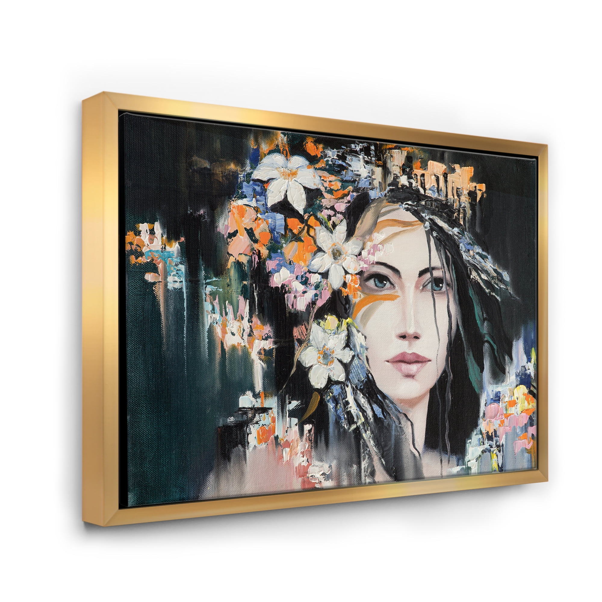 Designart 'Portrait Of A Young Woman With Flowers I' Modern Framed Canvas Wall Art Print