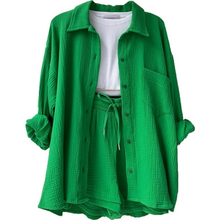 HaHaHappy 2 Piece Linen Set for Women Oversized Wrinkle Long Sleeve Button Down Shirts and Drawstring Shorts Beach Outfit Sets Green M