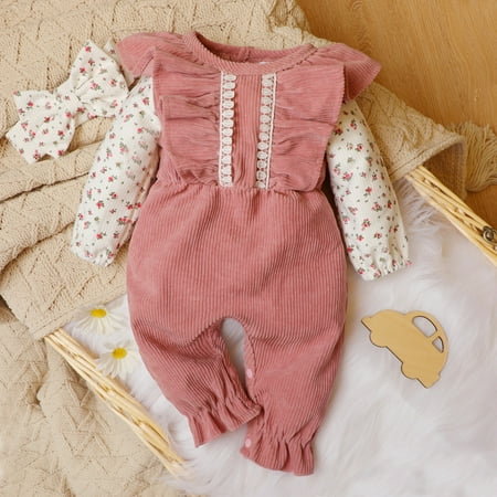 

PatPat Infant Baby Girl Floral Sleeve Winter Jumpsuit Cute Corduroy Ruffle Bodysuit Set with Headband 0-18month
