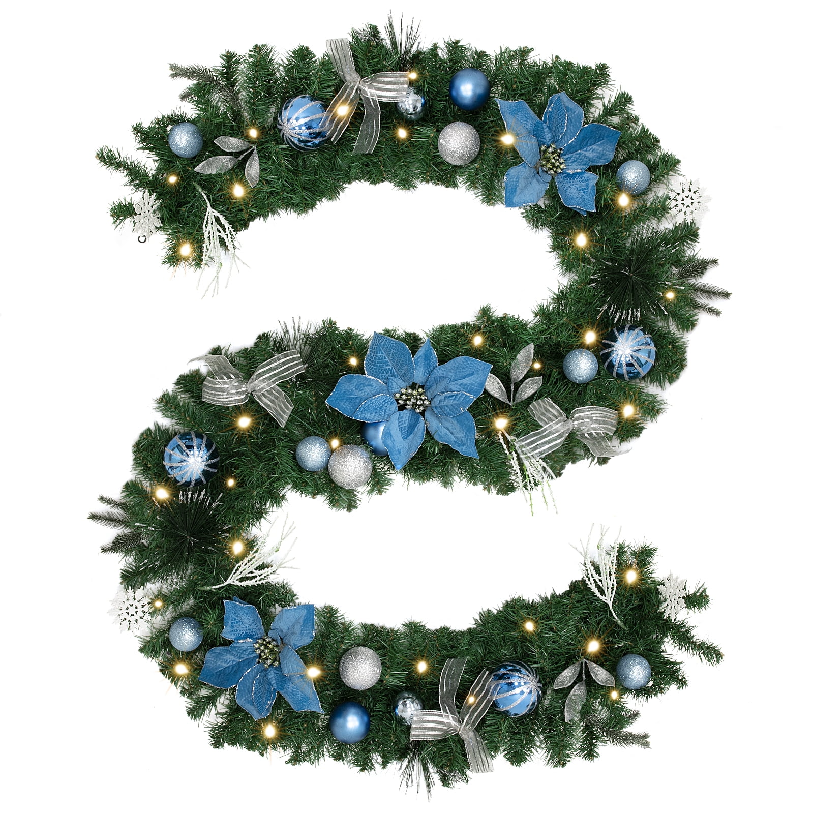 Ribbons and Flowers Snowflakes Valery Madelyn Pre-Lit 6 Feet/72 Inch Winter Land Blue Silver Christmas Garland with Ball Ornaments Battery Operated 20 LED Lights Pine Cones