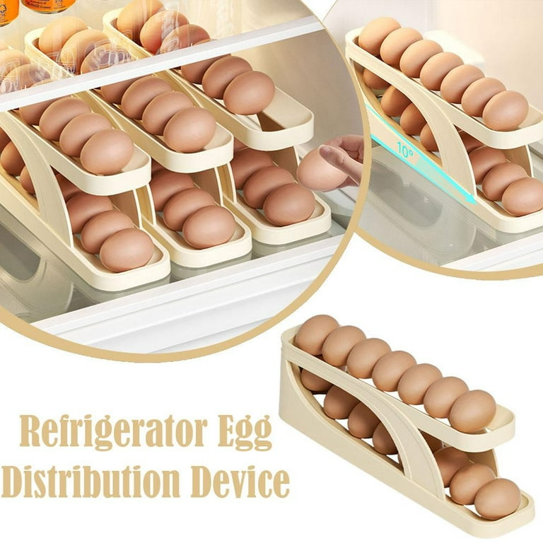 TUSGENK Egg Holder Dispenser, Double Rows Automatic Egg Roller Refrigerator  Rolling Eggs Storage with 2 Tier Space Saving Egg Tray For Refrigerator