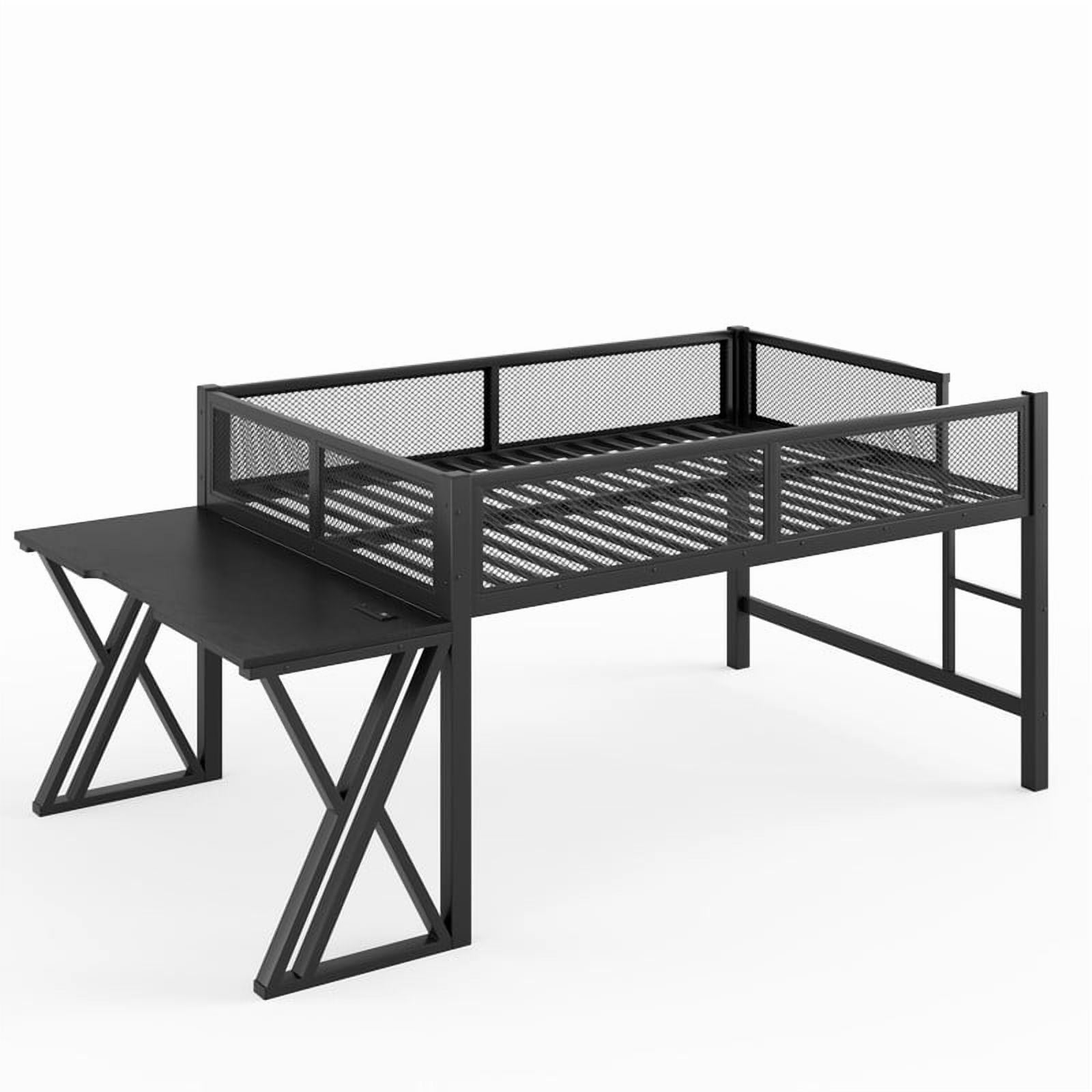 Full Gaming Loft Bed with Computer Desk of X-Shaped Legs, Metal Bed Frame with LED Lights, Charge Station & Mesh Guardrail
