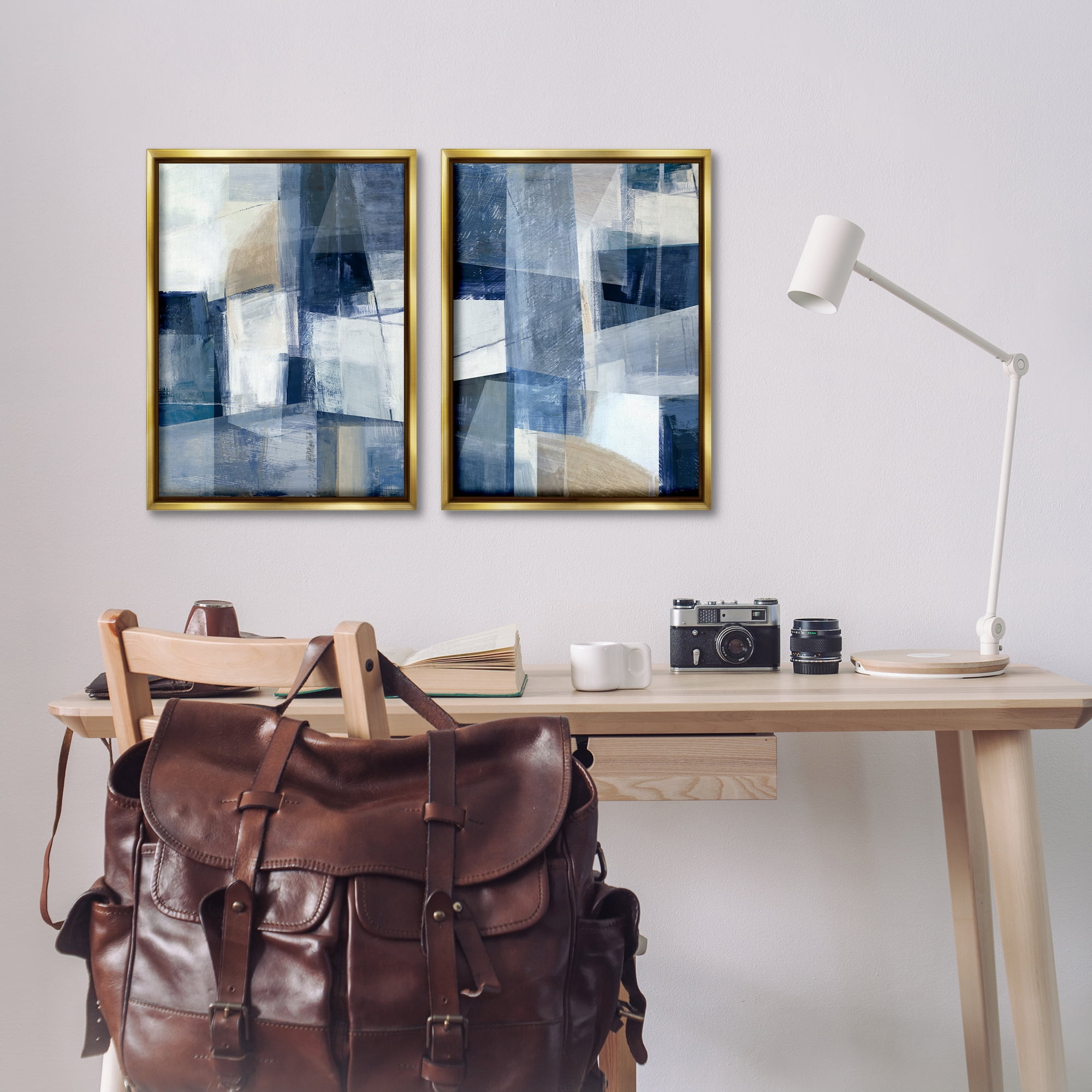 Stupell Industries Blue & Neutral Geometrics Abstract Painting Gold Floater Framed Canvas Art Print Wall Art, 17 x 25, Set of 2