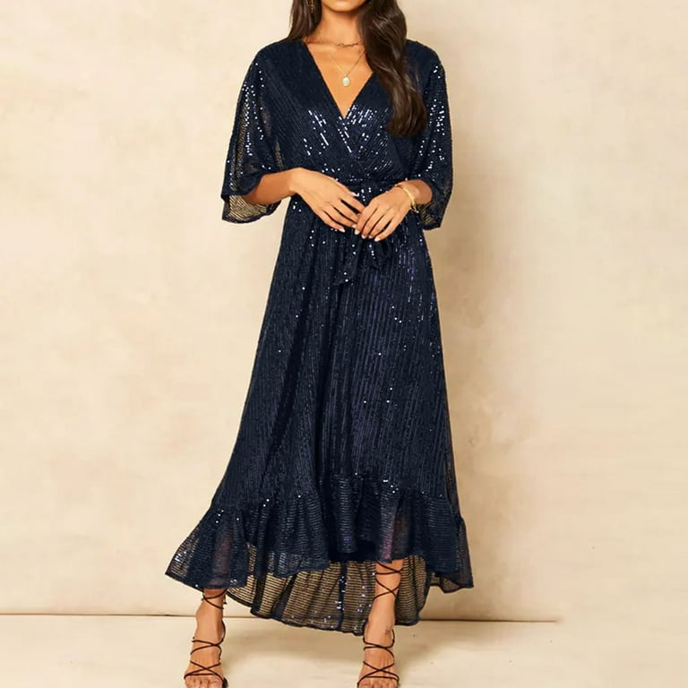 Women'S Summer Solid Color Fashionable 3/4 Sleeve V-Neck Elastic Waist  Sequin Dress Dress Sequin Ruffle Sleeve Empire Waist Sparkly Glitter A Line  Cocktail Formal Dresses - Walmart.com